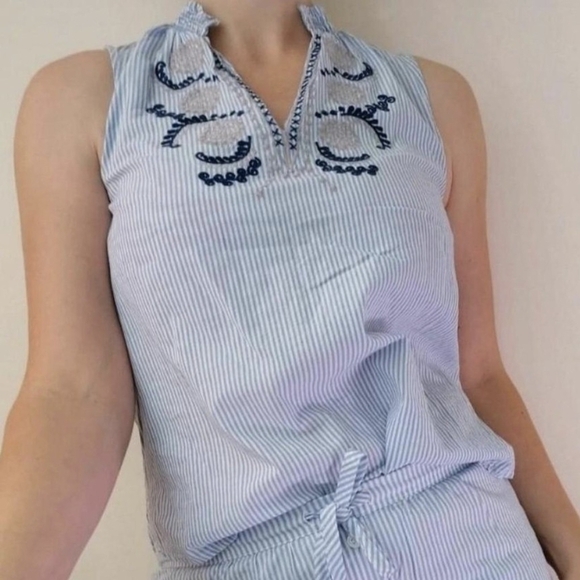 Nanette Lepore Ruffle VNeck Tank Medium Embroidered Striped Boho Blue White - Picture 2 of 9